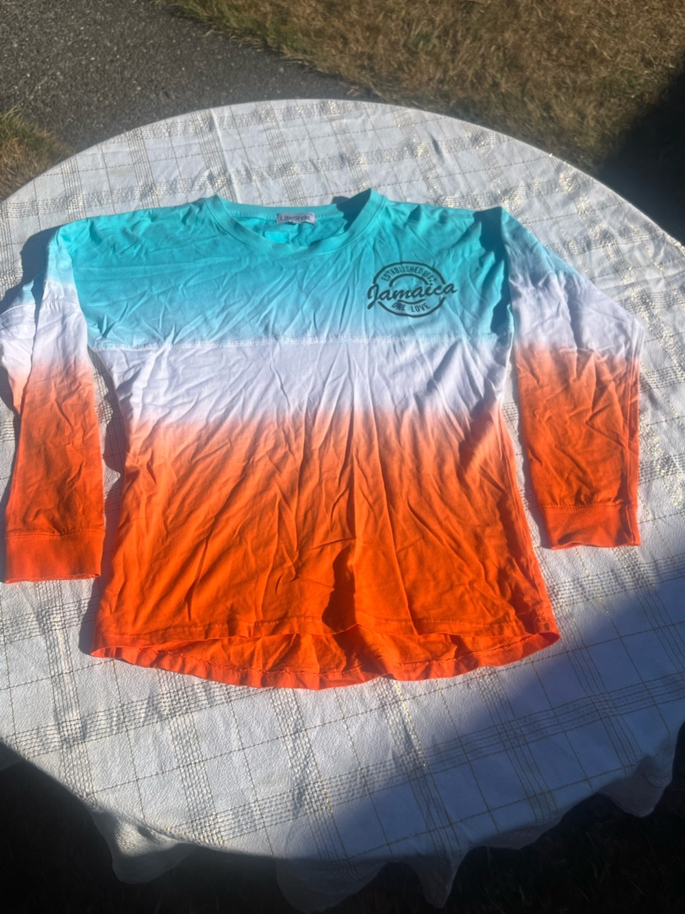 Men's Long Sleeve Ombre Jamaica Graphic Tee in Turquoise White Orange